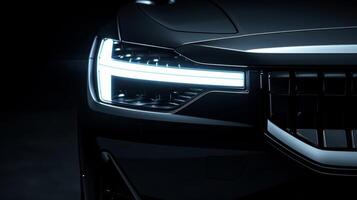 A pair of slim horizontal headlights with LED technology representing the sleek and minimalist design of Scandinavian cars photo