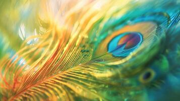Closeup of a peas feather ruffling in the breeze creating a mesmerizing ripple effect that draws the eye to its vibrant hues photo