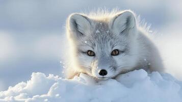 Closeup of a curious Arctic fox kit peeking over a snow bank its bright eyes and ears giving away its mischievous intentions photo