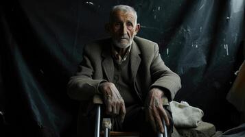 An elderly man sitting on a makeshift chair his legs amputated from injuries sustained in the war. His face bears the weight of all he has endured photo