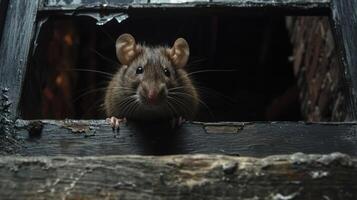 Closeup of a rat perched on a broken window ledge its ears pointed towards the distant sound of human footsteps alert and ready to dart back into the darkness at any moment photo