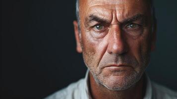 A middleaged man with a blank expression and tense jawline representing an obsessivecompulsive personality disorder photo