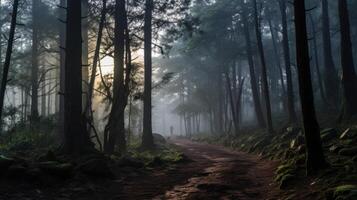 Amidst the trees, the mystical forest is cloaked in a mystical mist, evoking a sense of wonder and magic. photo