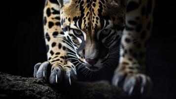Closeup of an ocelots sharp claws as it stealthily treads through the darkness ready to pounce on its prey photo