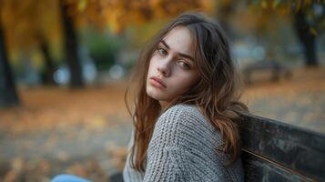 A girl in her early 20s sitting on a park bench looking disoriented and tired as she struggles with her sleep disorder during the day photo