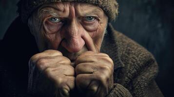 A man of unknown age with a tense jaw and worried eyes his hands balled into fists photo