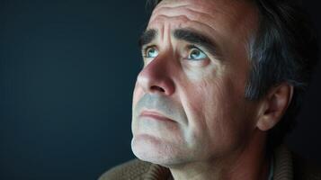 A middleaged man with a furrowed brow lost in introspection photo