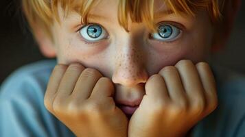 A young boy fidgeting and biting his nails clearly anxious and lacking selfurance photo