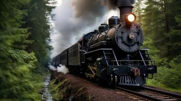The gentle huffing and puffing of a steam train is matched by the steady stream of smoke pouring from its chimney, creating a mesmerizing sight. photo