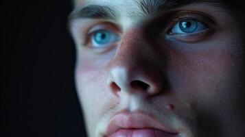 Closeup of a young mans face the faintest hint of a smile on his lips as he finally begins to feel comfortable in his own skin photo