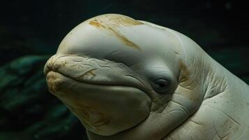 Closeup of the unique melonshaped head of a beluga whale covered in wrinkles and scars giving it a wise and weathered demeanor in the harsh environment photo