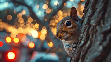 Closeup of a watchful squirrel peering out from a cozy nest in the tree as the hazy illumination of ping cars forms a dreamy light trail in the background photo