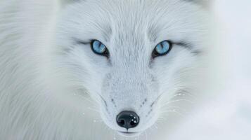 Closeup of an Arctic foxs brilliant blue eyes peering out from its frostcovered face trying to navigate through a blinding whiteout photo