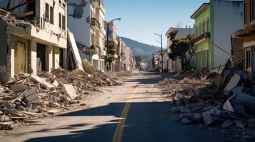 The streets are filled with rubble and debris, the result of a powerful earthquake that shook this urban center to its core. photo