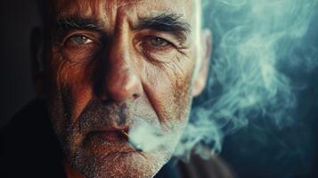A middleaged man smoking a cigarette with a distant and vacant expression in his eyes photo