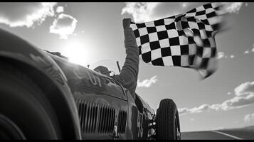 A vintagestyle black and white shot of a checkered flag being waved by a dapper race official evoking the timeless elegance and nostalgia of early racing eras photo