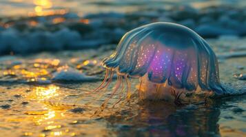 Closeup of a jellyfishs beautiful iridescent bell gently swaying in the shallow waters near the shore its mesmerizing glow drawing in curious onlookers photo