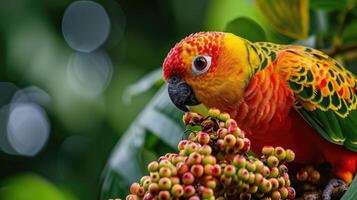 With vibrant orange yellow and red feathers a parrot feasts on juicy berries while peering curiously at the camera the intricate patterns of its plumage visible in sharp detail photo