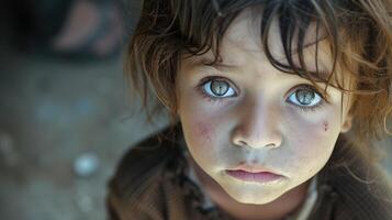 A young child dirty and disheveled but with a fierce determination in their eyes as they stare into the camera photo
