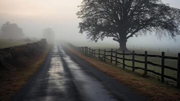 The country road is transformed by the fog, taking on an ethereal quality that is both enchanting and eerie. photo