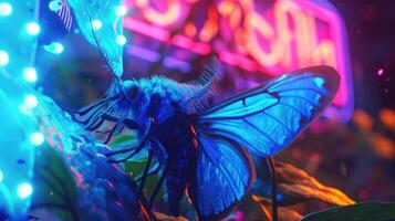 Closeup of a vibrant blue erfly gracefully dancing in front of a neon sign as if drawn to the bright lights and hypnotized by their glow photo