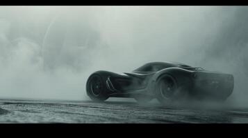 The misty fog swirling around the car like a cloak lending an air of mystery and wonder to the scene photo