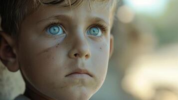 A little boy with a distant look in his eyes his innocent face unable to fully comprehend the impact of the trauma he has experienced photo