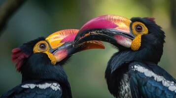 Closeup of a pair of hornbills their brightly colored beaks almost touching as they call out to each other creating a symphony of distinct and powerful sounds photo