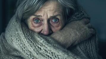 An older woman with her arms wrapped around herself her face contorted in agony as she endures a panic attack photo