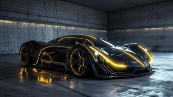 A concept car with a matte black finish and neon yellow streaks down the sides giving off a hightech and edgy vibe photo