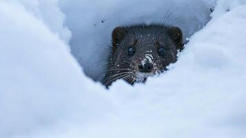 Closeup of a mischievous rac its masked face emerging from a fluffy snowdrift photo