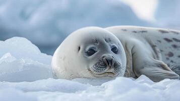 Closeup of a bearded seal lying on its side its large dark eyes gazing off into the distance while the ice slowly melts beneath it photo