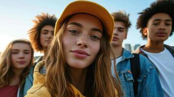 A group of teenagers taking a selfie but one person stands slightly apart from the group looking out at the city with a pensive expression photo