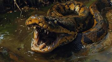 Closeup of an anacondas powerful jaw and sharp teeth as it devours its prey leaving a trail of in the swampy waters photo
