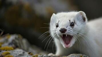 Closeup of an ermines sharp pointed teeth peeking out from its white face a reminder of its fierce hunting abilities despite its small size photo