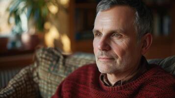 A middleaged man with autism his face brightening up as he engages in a conversation with his special interests photo