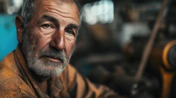 A middleaged male immigrant working long hours in a factory with a look of exhaustion and determination in his eyes photo