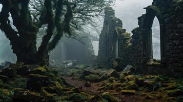 Amidst the foggy graveyard, the old ruins serve as a stark reminder of the fleeting nature of life and the inevitable decay of all things. photo
