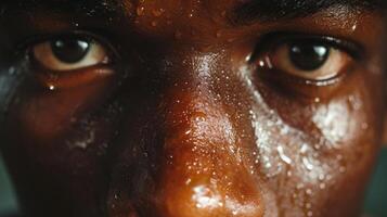 Closeup portrait of a student athlete their face marked with fatigue and their eyes reflecting the pressure to excel in both sports and academics photo