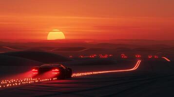 As the sun dips below the horizon the cars continue on their journey their taillights creating a trail of dots in the dimly lit desert photo