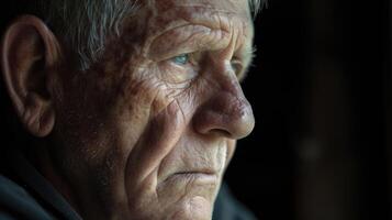 An older man with gray hair wrinkles marking his face looking contemplative as he gazes into the distance perhaps remembering his own journey of selfdiscovery photo