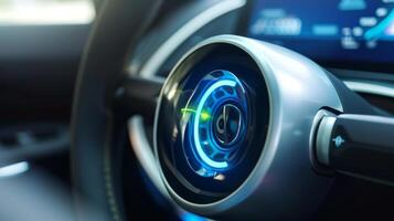 A closeup of the ecodriving mode on on a hybrid vehicle allowing the driver to optimize fuel usage and reduce emissions photo