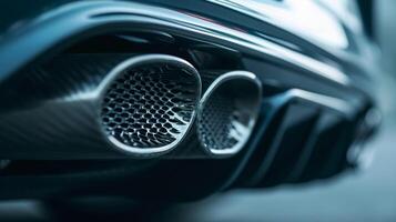 A macro shot of the exhaust tips highlighting the engraved logo or emblem on them photo