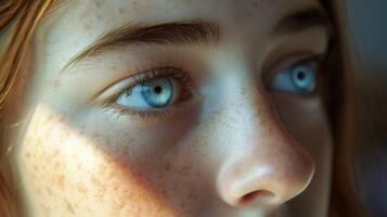 A closeup of a teenage girl her eyes glued to the screen as she compares herself to the edited images of her peers struggling with low selfesteem photo