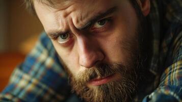 Closeup portrait of a freelancer their face tense and weary. The constant hustle and irregular hours have led to burnout and exhaustion photo