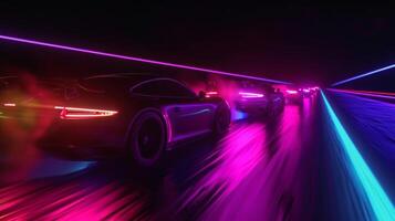 The camera follows a row of cars as they speed down a dark road with the various colors of their headlights and taillights creating a vivid spectrum in the night sky photo