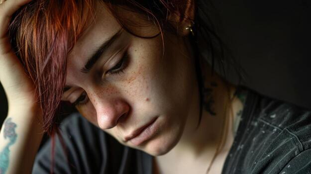 A transgender person with a pained expression their identity adding an additional layer of complexity to coping with their PTSD photo