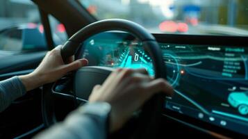 Closeup of a drivers hand pressing a on on a hightech steering wheel which triggers a virtual headsup display on the windshield with vital information about the vehicles spee photo