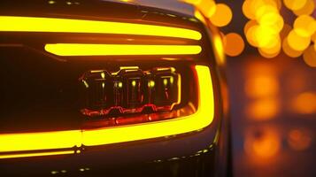 A closeup of the license plate accentuated with a soft yellow backlight giving it a warm and inviting aesthetic photo