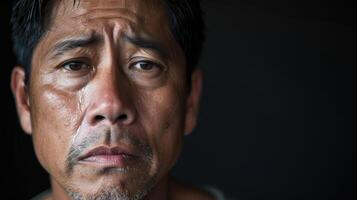 A man of Asian descent with tears in his eyes and a pained expression as he experiences withdrawal from opioids photo